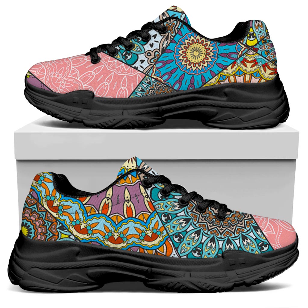 Patchwork Mandala Bohemian Pattern Print Black Chunky Shoes
