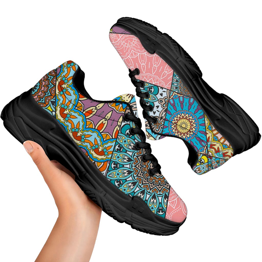 Patchwork Mandala Bohemian Pattern Print Black Chunky Shoes