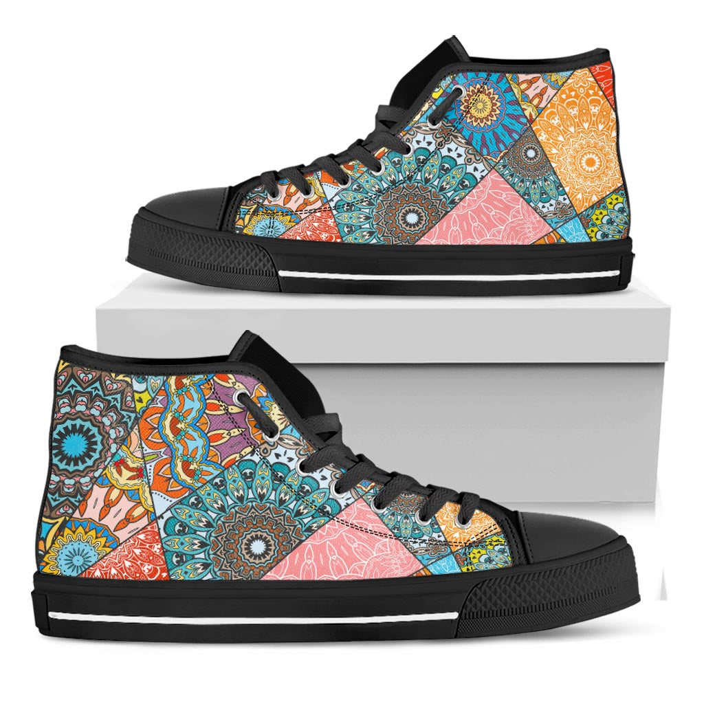 Patchwork Mandala Bohemian Pattern Print Black High Top Sneakers