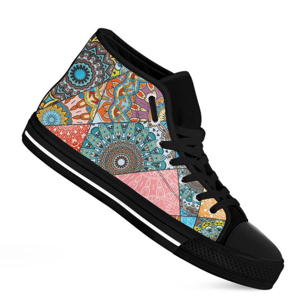 Patchwork Mandala Bohemian Pattern Print Black High Top Sneakers