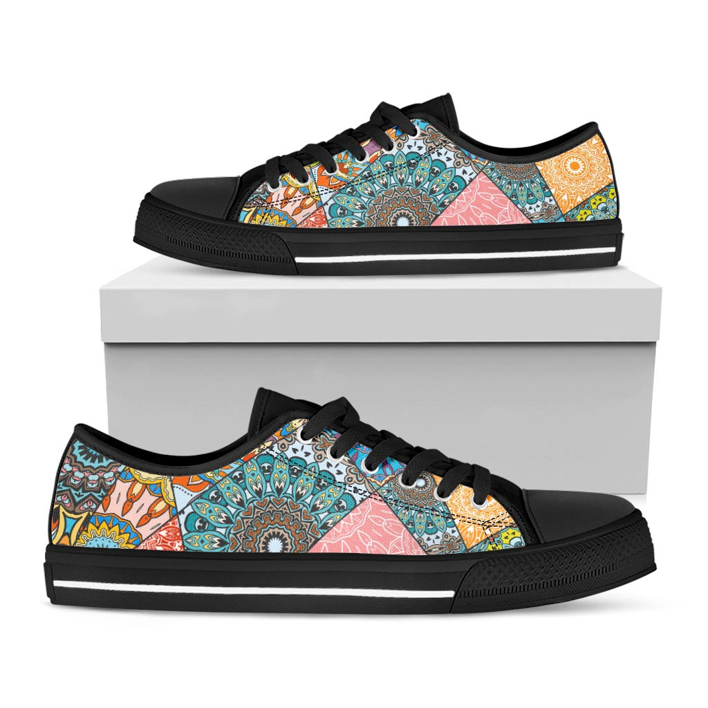 Patchwork Mandala Bohemian Pattern Print Black Low Top Sneakers