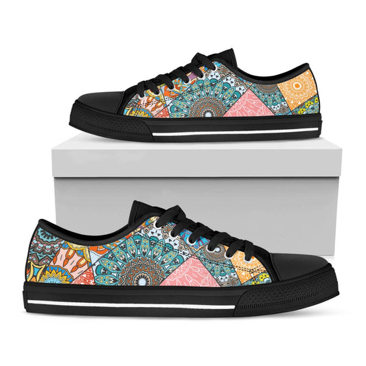 Patchwork Mandala Bohemian Pattern Print Black Low Top Sneakers