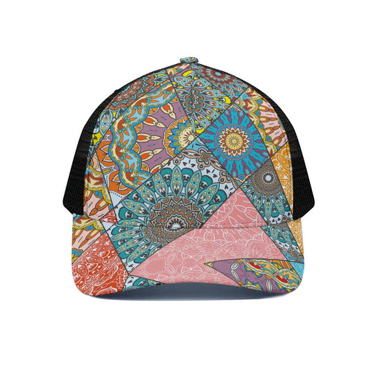 Patchwork Mandala Bohemian Pattern Print Black Mesh Trucker Cap