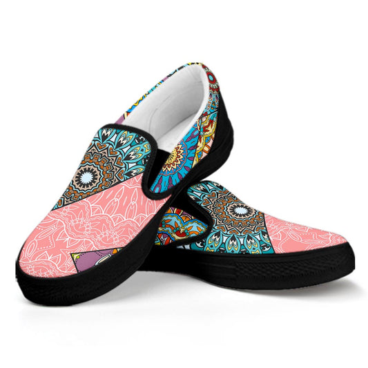 Patchwork Mandala Bohemian Pattern Print Black Slip On Sneakers