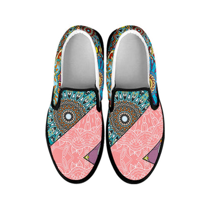 Patchwork Mandala Bohemian Pattern Print Black Slip On Sneakers