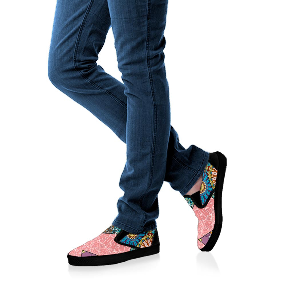 Patchwork Mandala Bohemian Pattern Print Black Slip On Sneakers