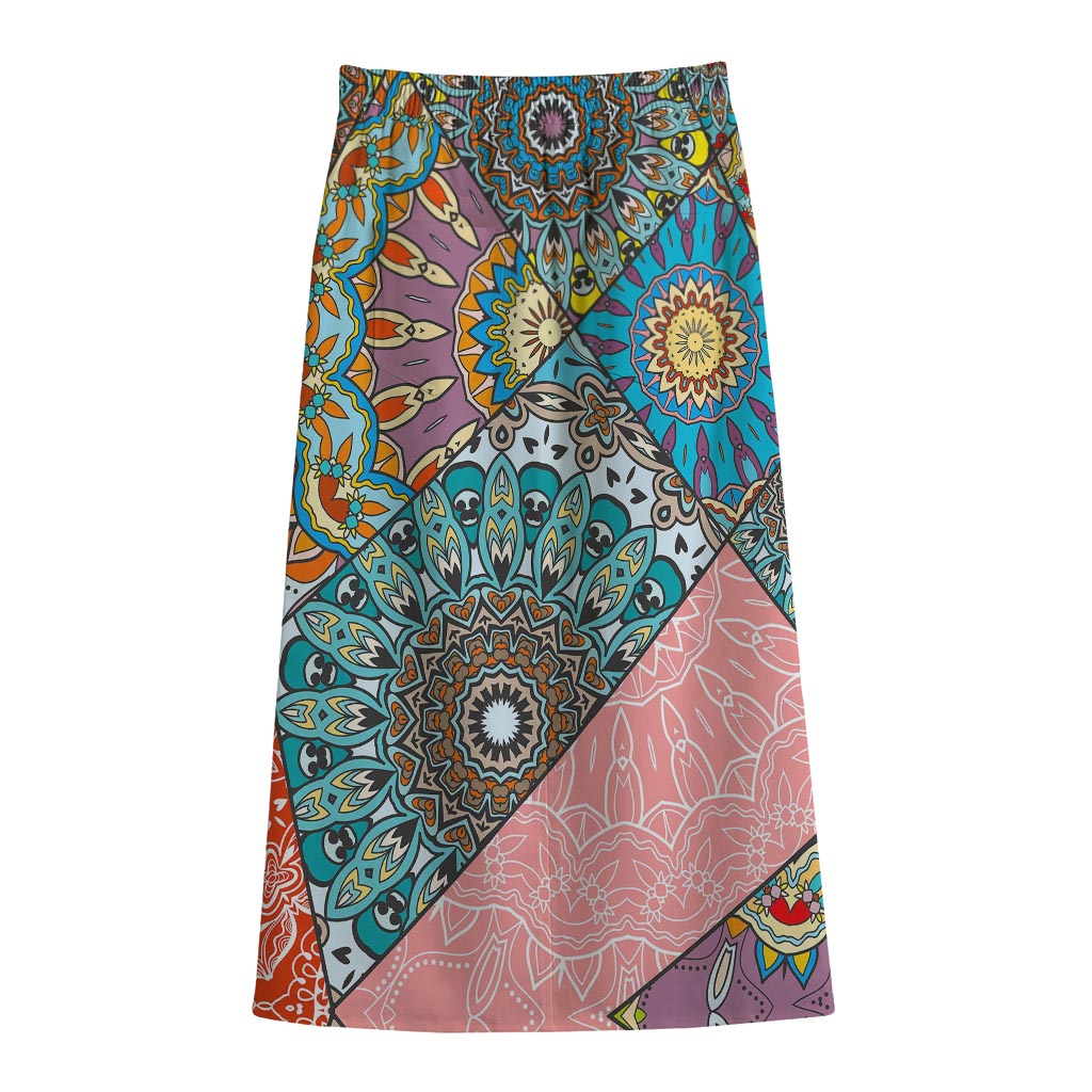 Patchwork Mandala Bohemian Pattern Print Cotton Front Slit Maxi Skirt