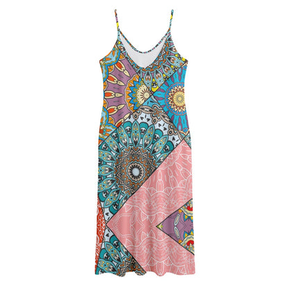 Patchwork Mandala Bohemian Pattern Print Jersey Midi Cami Dress