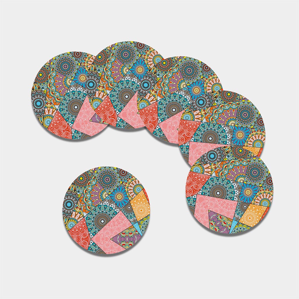Patchwork Mandala Bohemian Pattern Print Leather Coaster Set