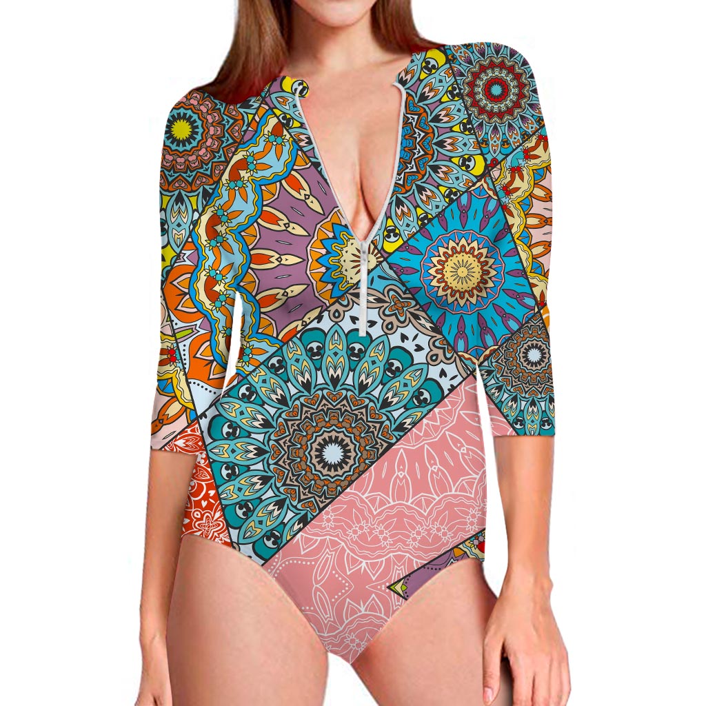 Patchwork Mandala Bohemian Pattern Print Long Sleeve Swimsuit