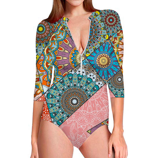 Patchwork Mandala Bohemian Pattern Print Long Sleeve Swimsuit