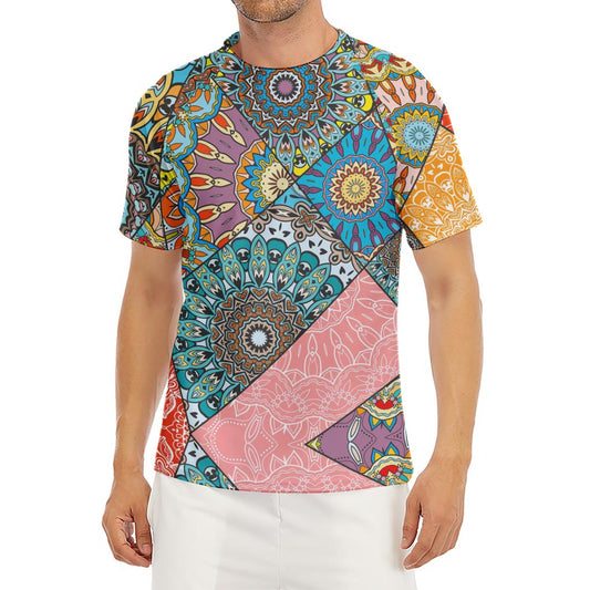 Patchwork Mandala Bohemian Pattern Print Men's Short Sleeve Rash Guard
