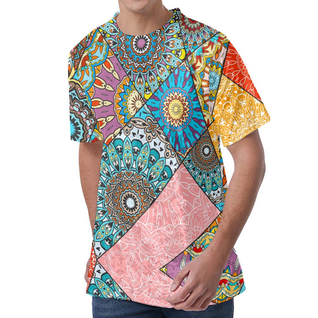 Patchwork Mandala Bohemian Pattern Print Men's Velvet T-Shirt