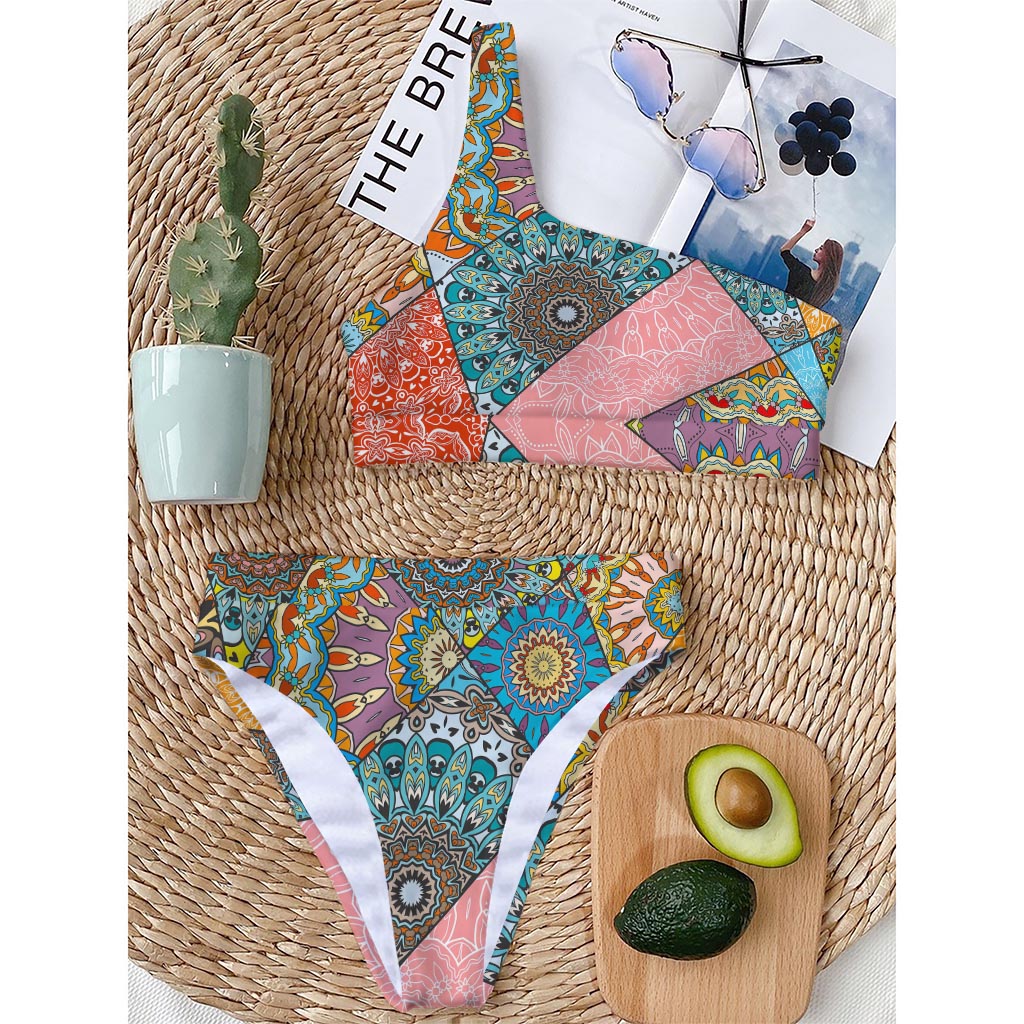 Patchwork Mandala Bohemian Pattern Print One Shoulder Bikini Top