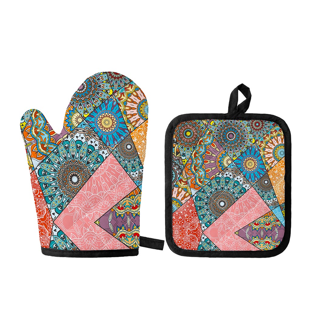 Patchwork Mandala Bohemian Pattern Print Oven Mitt And Pot Holder Set