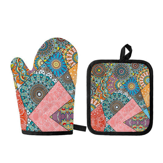 Patchwork Mandala Bohemian Pattern Print Oven Mitt And Pot Holder Set