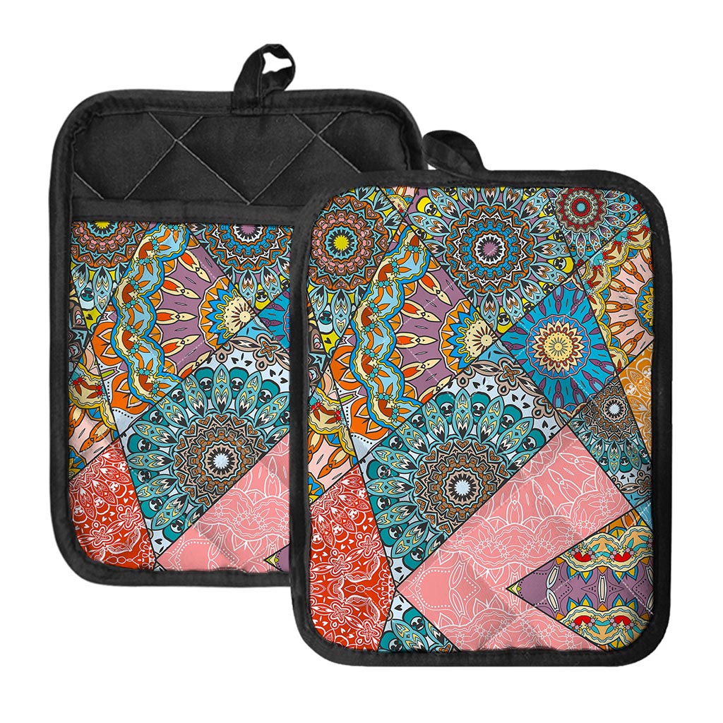 Patchwork Mandala Bohemian Pattern Print Pot Holders With Pocket