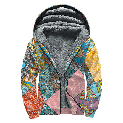 Patchwork Mandala Bohemian Pattern Print Sherpa Lined Zip Up Hoodie