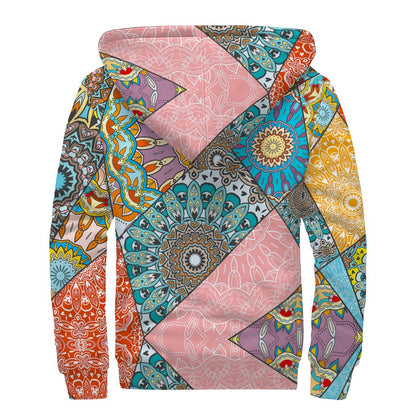 Patchwork Mandala Bohemian Pattern Print Sherpa Lined Zip Up Hoodie