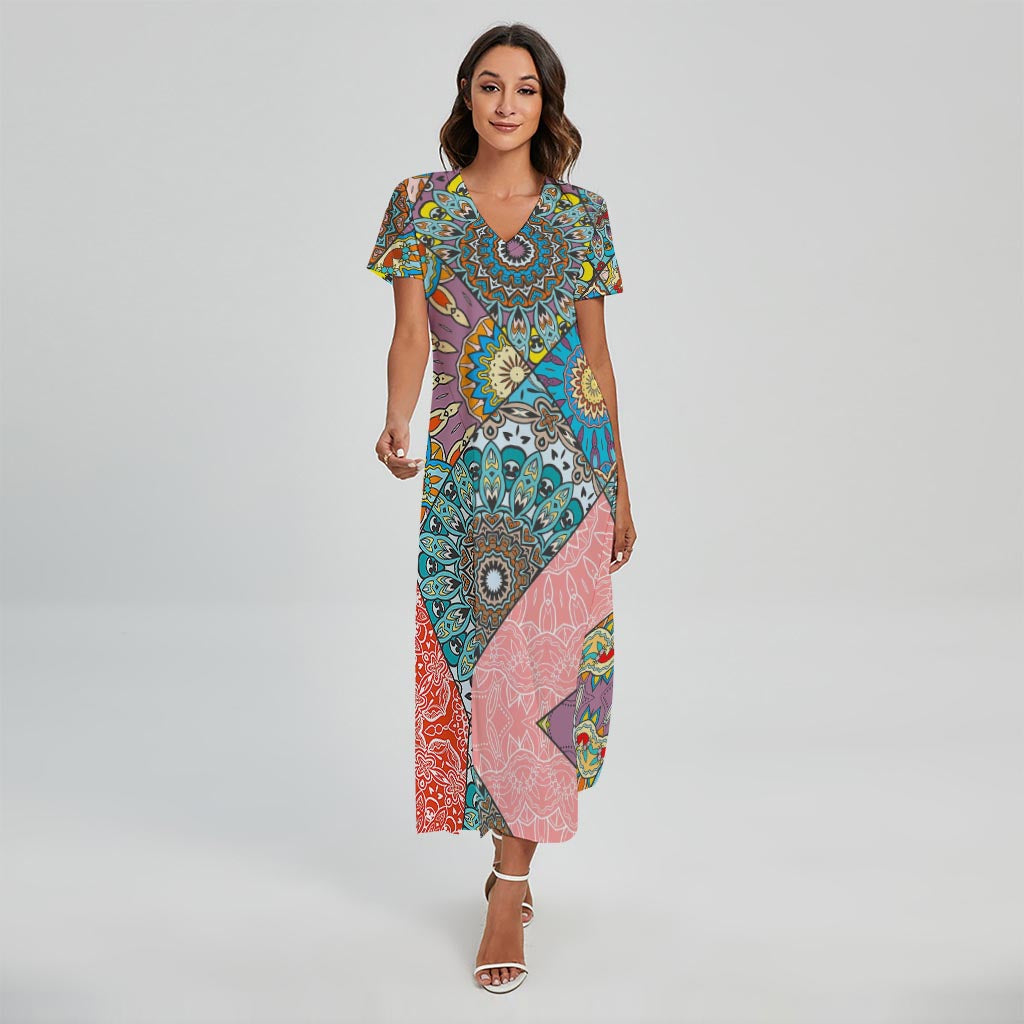 Patchwork Mandala Bohemian Pattern Print Short Sleeve Maxi Dress