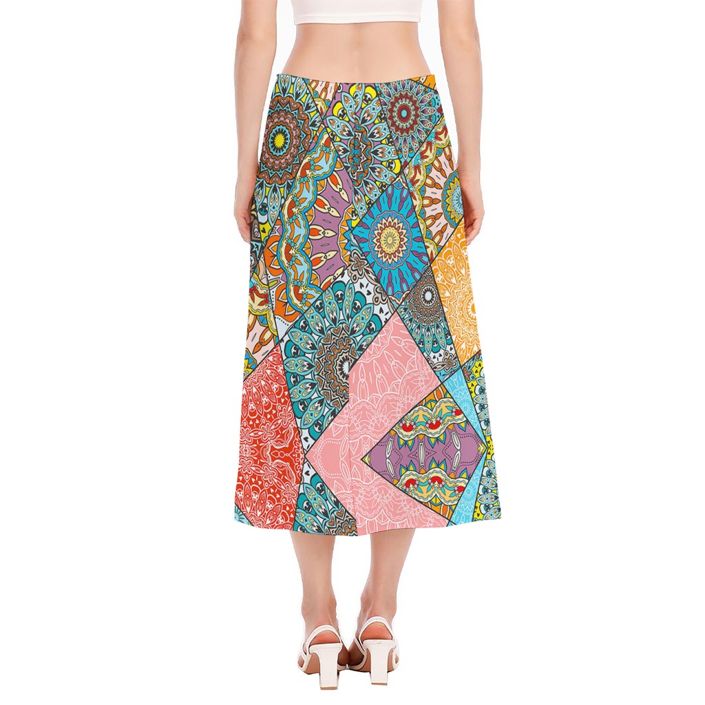 Patchwork Mandala Bohemian Pattern Print Side Slit Midi Skirt