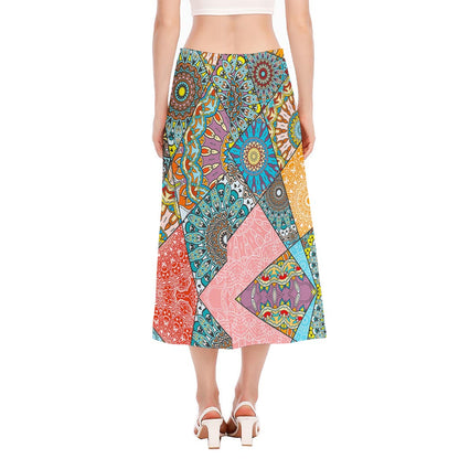 Patchwork Mandala Bohemian Pattern Print Side Slit Midi Skirt