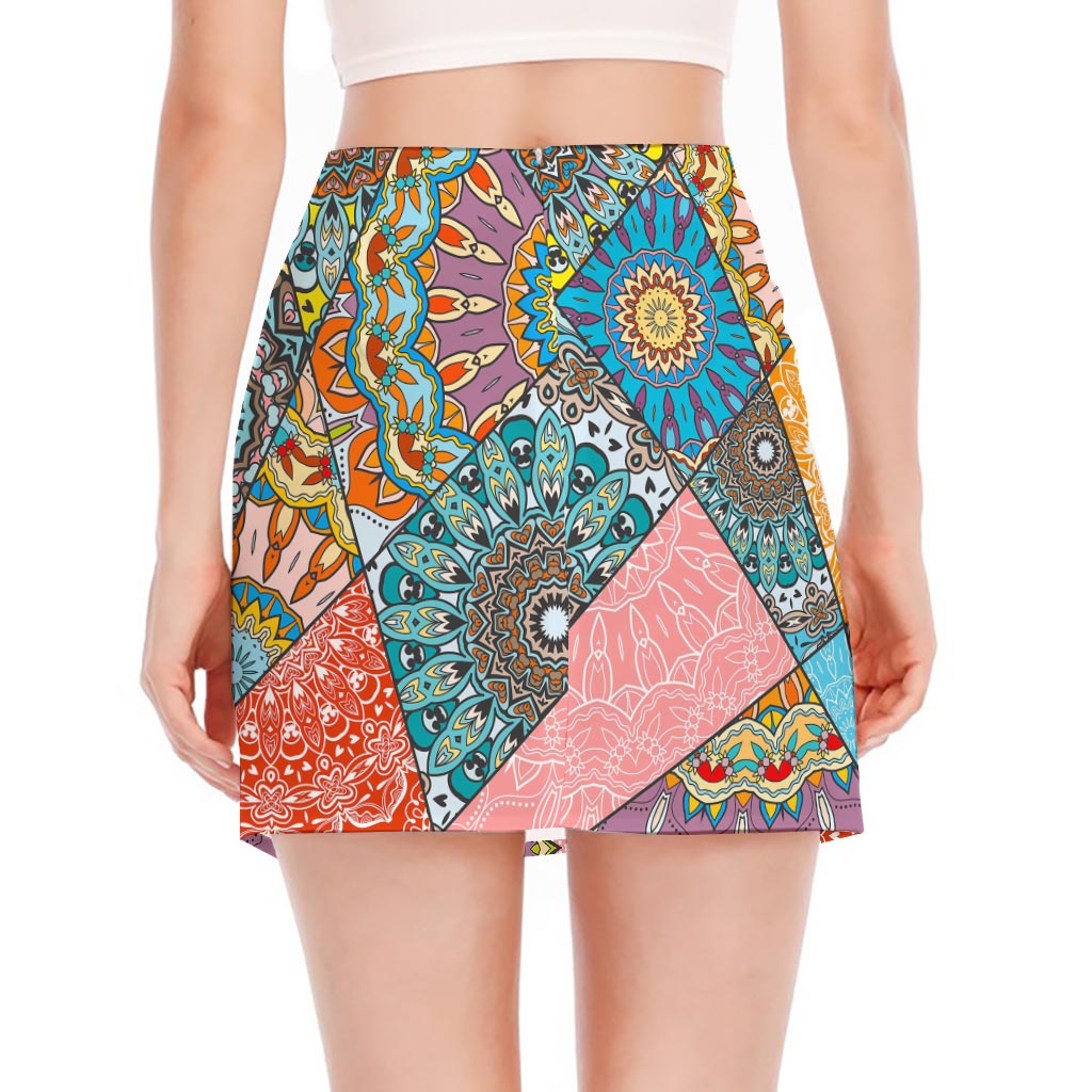 Patchwork Mandala Bohemian Pattern Print Side Slit Mini Skirt