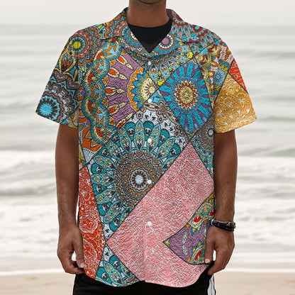 Patchwork Mandala Bohemian Pattern Print Textured Short Sleeve Shirt