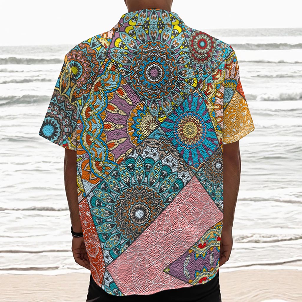 Patchwork Mandala Bohemian Pattern Print Textured Short Sleeve Shirt