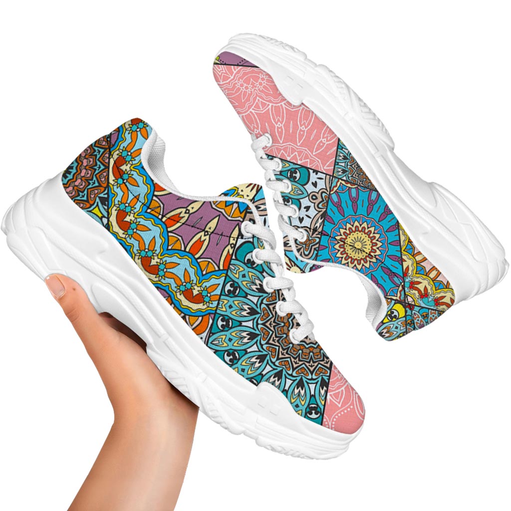 Patchwork Mandala Bohemian Pattern Print White Chunky Shoes