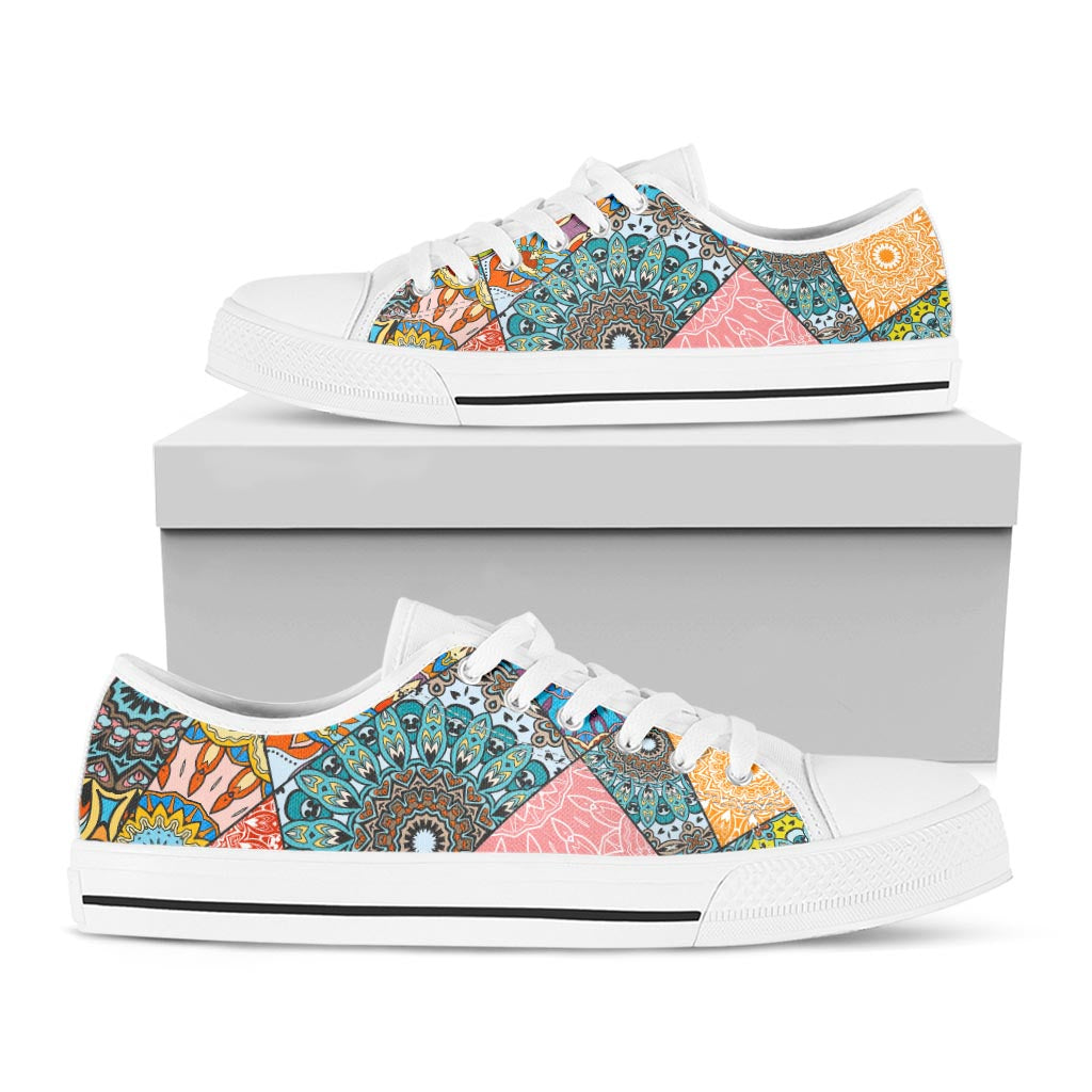 Patchwork Mandala Bohemian Pattern Print White Low Top Sneakers