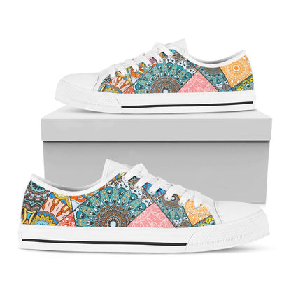 Patchwork Mandala Bohemian Pattern Print White Low Top Sneakers