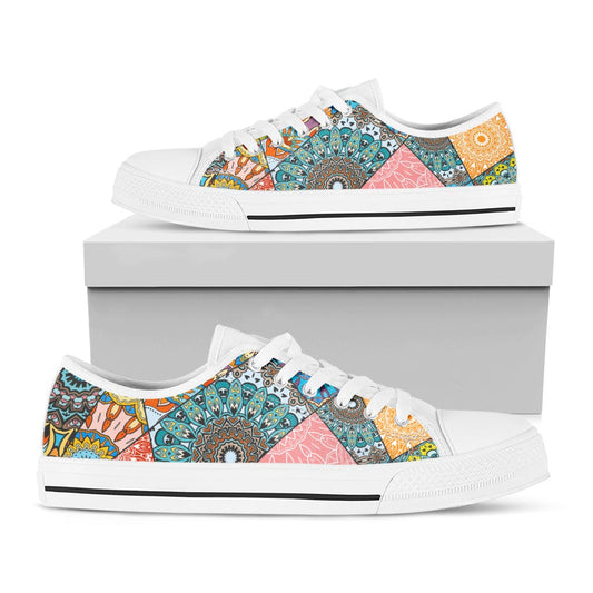 Patchwork Mandala Bohemian Pattern Print White Low Top Sneakers