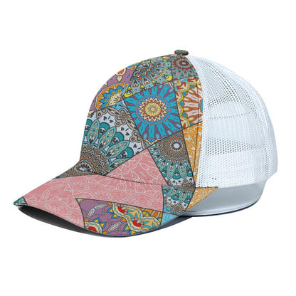 Patchwork Mandala Bohemian Pattern Print White Mesh Trucker Cap