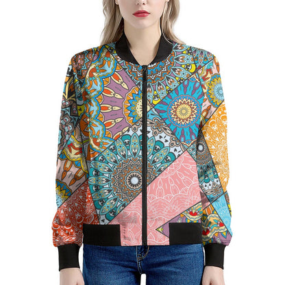 Patchwork Mandala Bohemian Pattern Print Women's Bomber Jacket