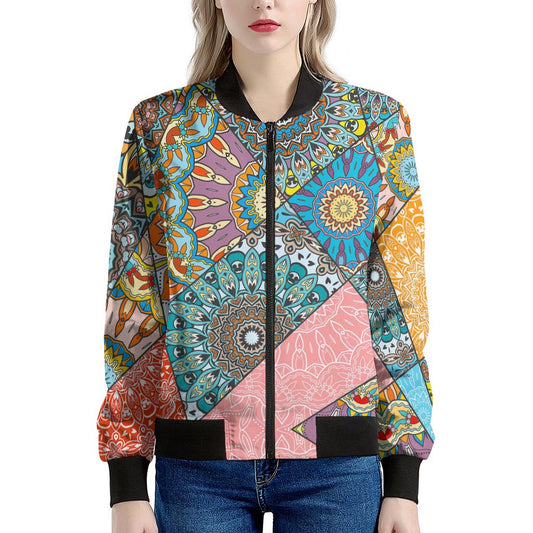 Patchwork Mandala Bohemian Pattern Print Women's Bomber Jacket