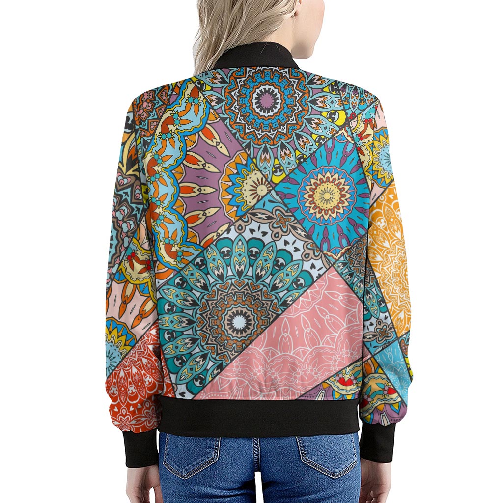 Patchwork Mandala Bohemian Pattern Print Women's Bomber Jacket