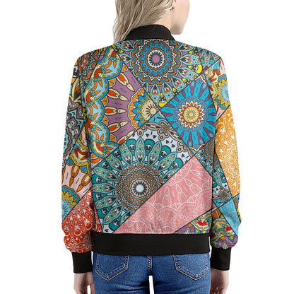 Patchwork Mandala Bohemian Pattern Print Women's Bomber Jacket