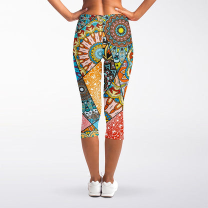 Patchwork Mandala Bohemian Pattern Print Women's Capri Leggings