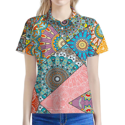 Patchwork Mandala Bohemian Pattern Print Women's Polo Shirt