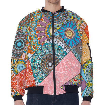 Patchwork Mandala Bohemian Pattern Print Zip Sleeve Bomber Jacket
