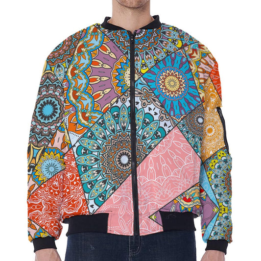 Patchwork Mandala Bohemian Pattern Print Zip Sleeve Bomber Jacket
