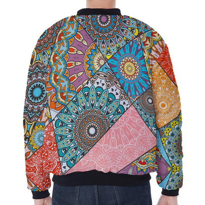 Patchwork Mandala Bohemian Pattern Print Zip Sleeve Bomber Jacket
