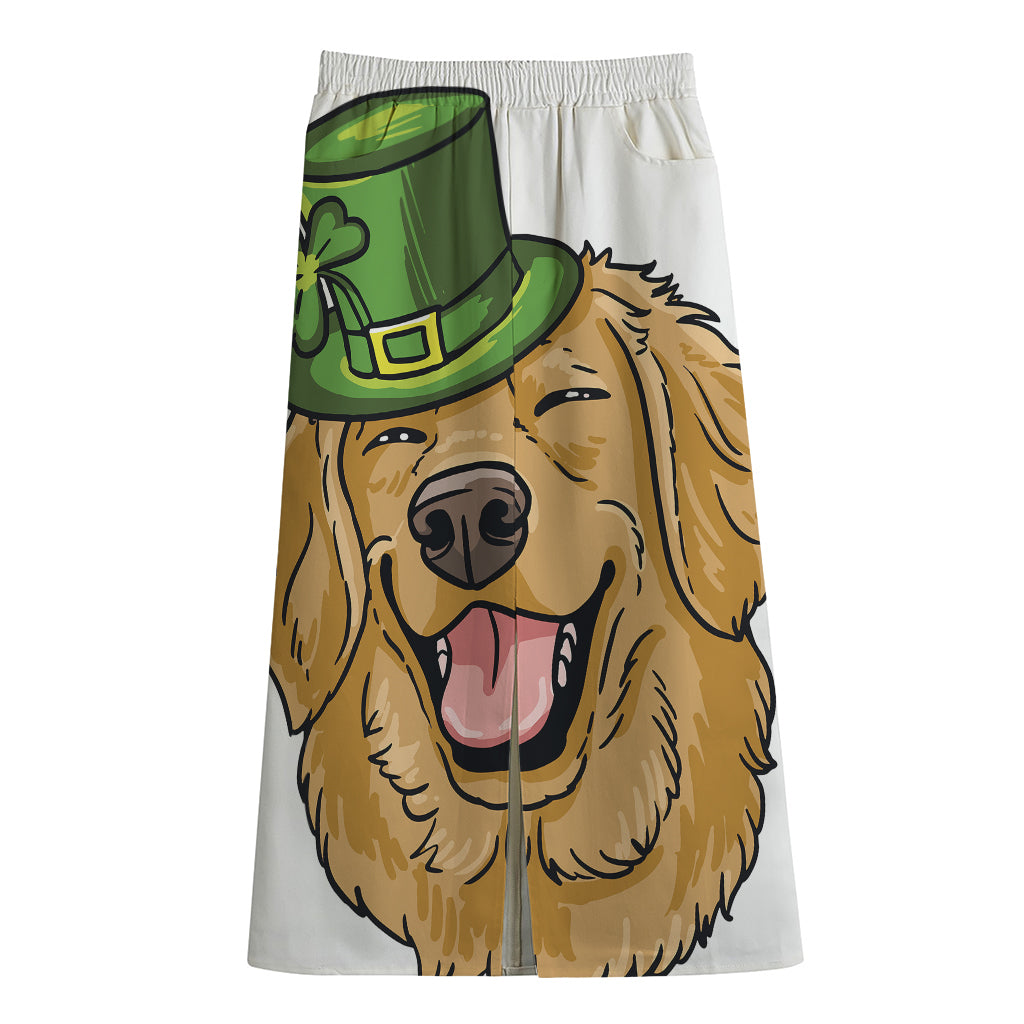 Patrick's Day Golden Retriever Print Cotton Front Slit Maxi Skirt