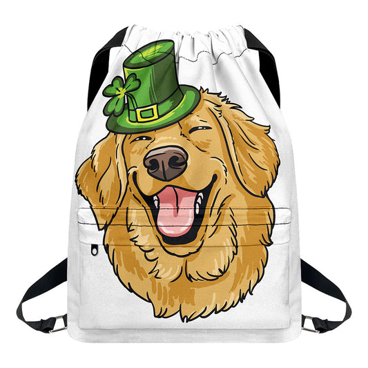 Patrick's Day Golden Retriever Print Drawstring Backpack
