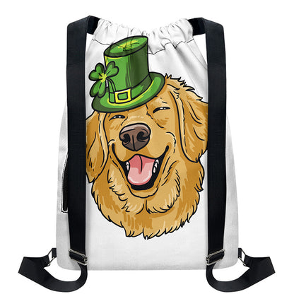 Patrick's Day Golden Retriever Print Drawstring Backpack