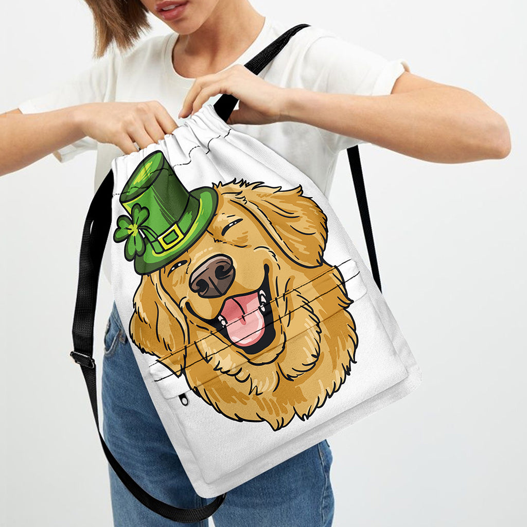 Patrick's Day Golden Retriever Print Drawstring Backpack