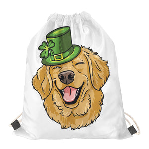 Patrick's Day Golden Retriever Print Drawstring Bag