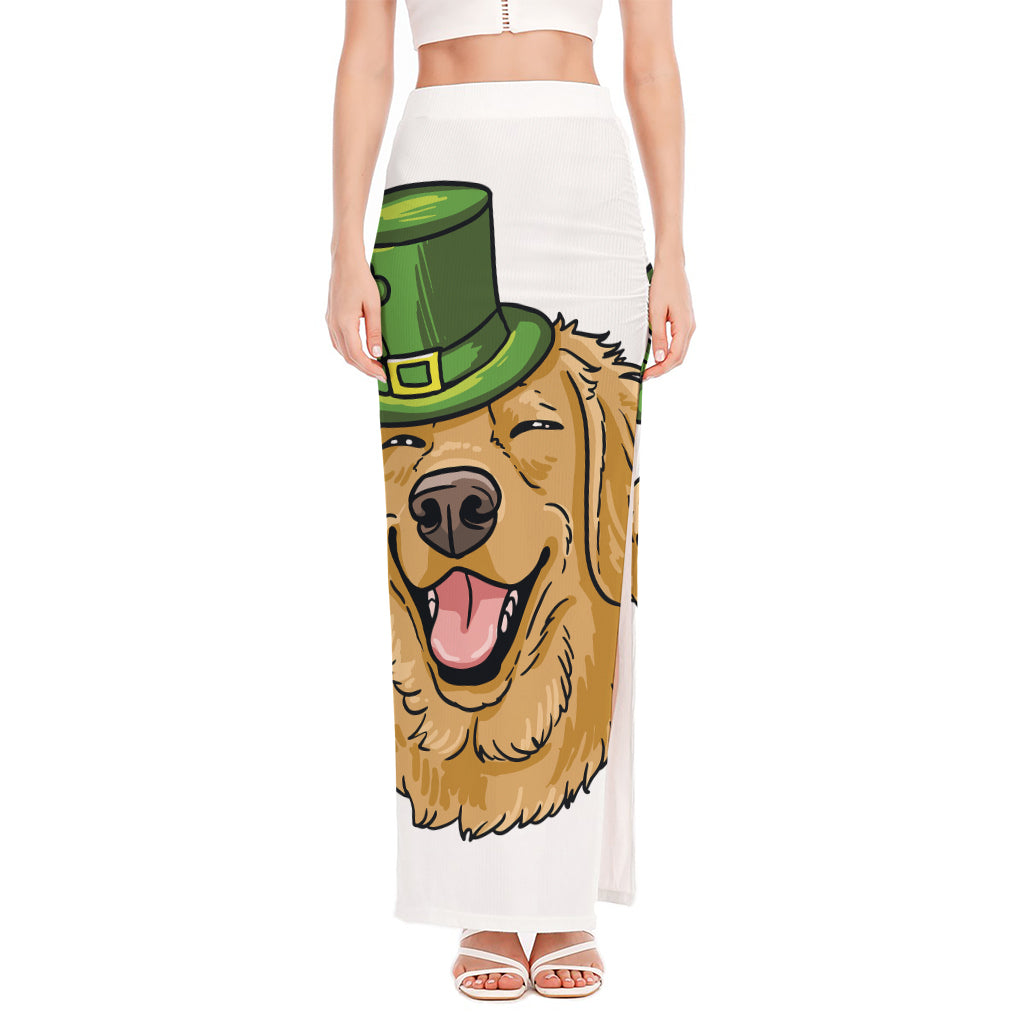 Patrick's Day Golden Retriever Print High Slit Maxi Skirt