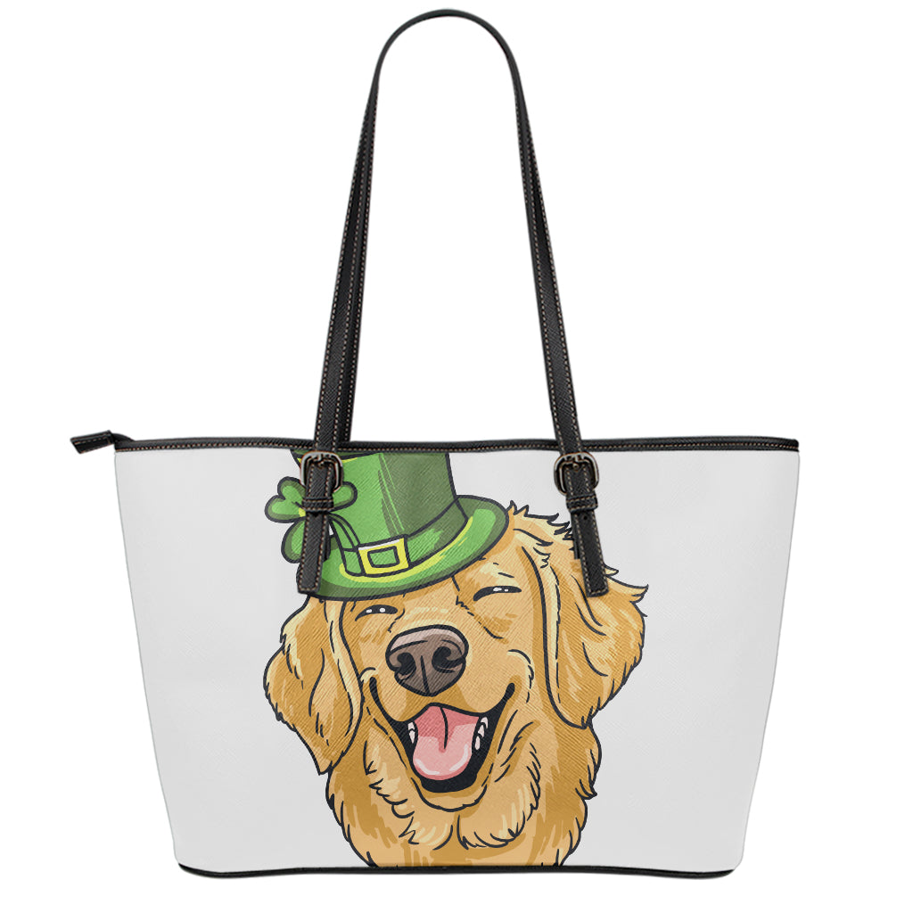 Patrick's Day Golden Retriever Print Leather Tote Bag